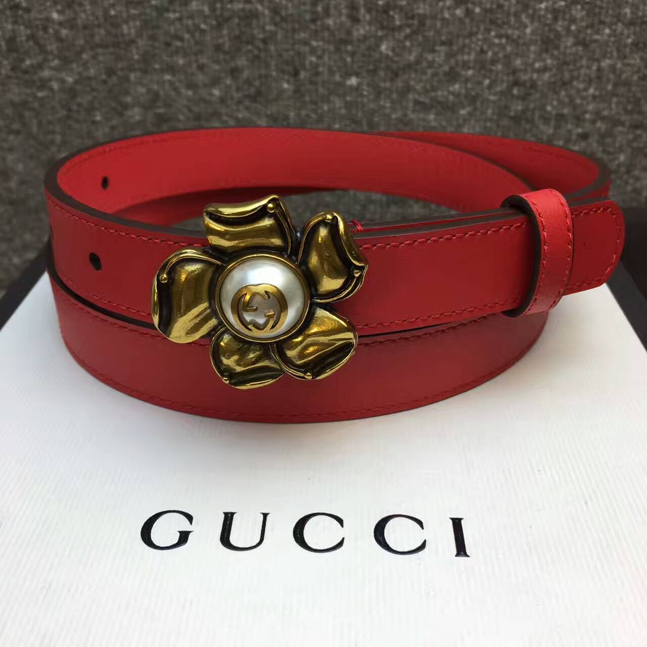 Gucci Leather belt with metal flower-431438 -AC50136 Gucci Leather belt ...